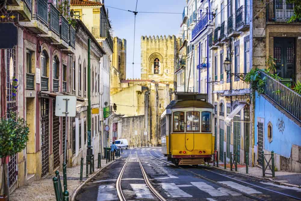 A pretty scene in Lisbon with a yellow street tram